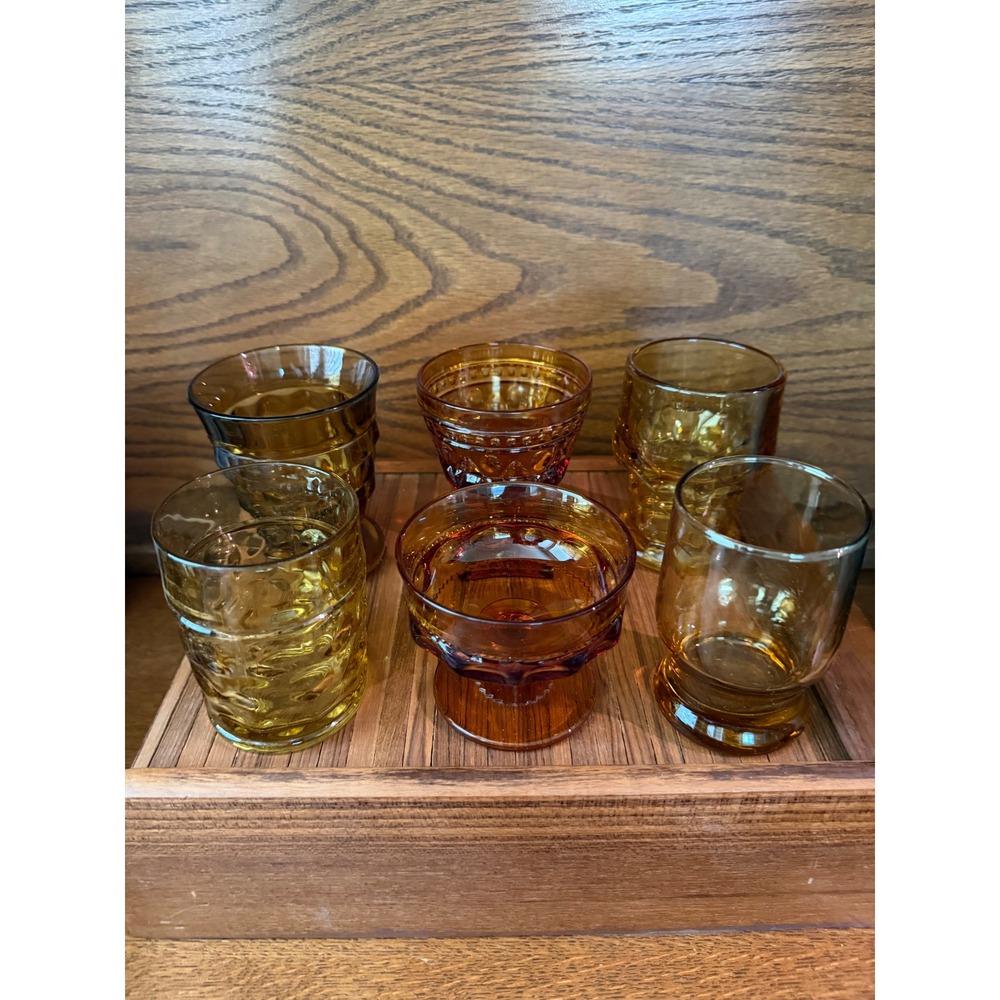 Vintage Amber Glass Mismatched Set 6 Mid Century Modern Drinkware Dessert Coupes